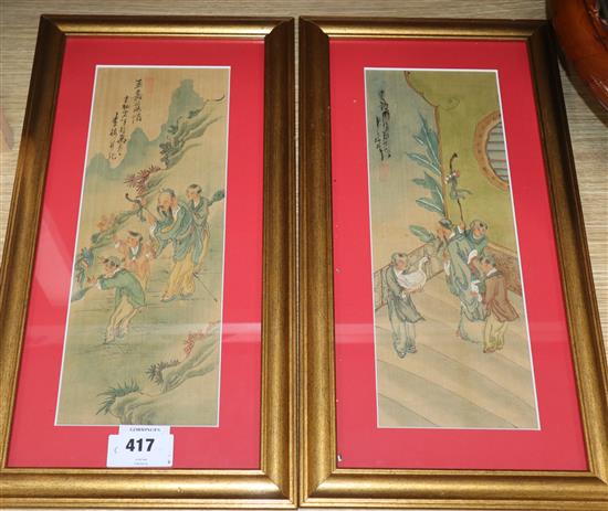 Chinese School, pair of studies on silk, Court scenes with scholars, 35 x 13cm